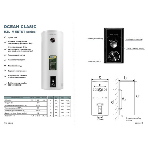Водонагрівач OCEAN RZL50M-5 ETDT CLASSIC (сухий тен) 50л